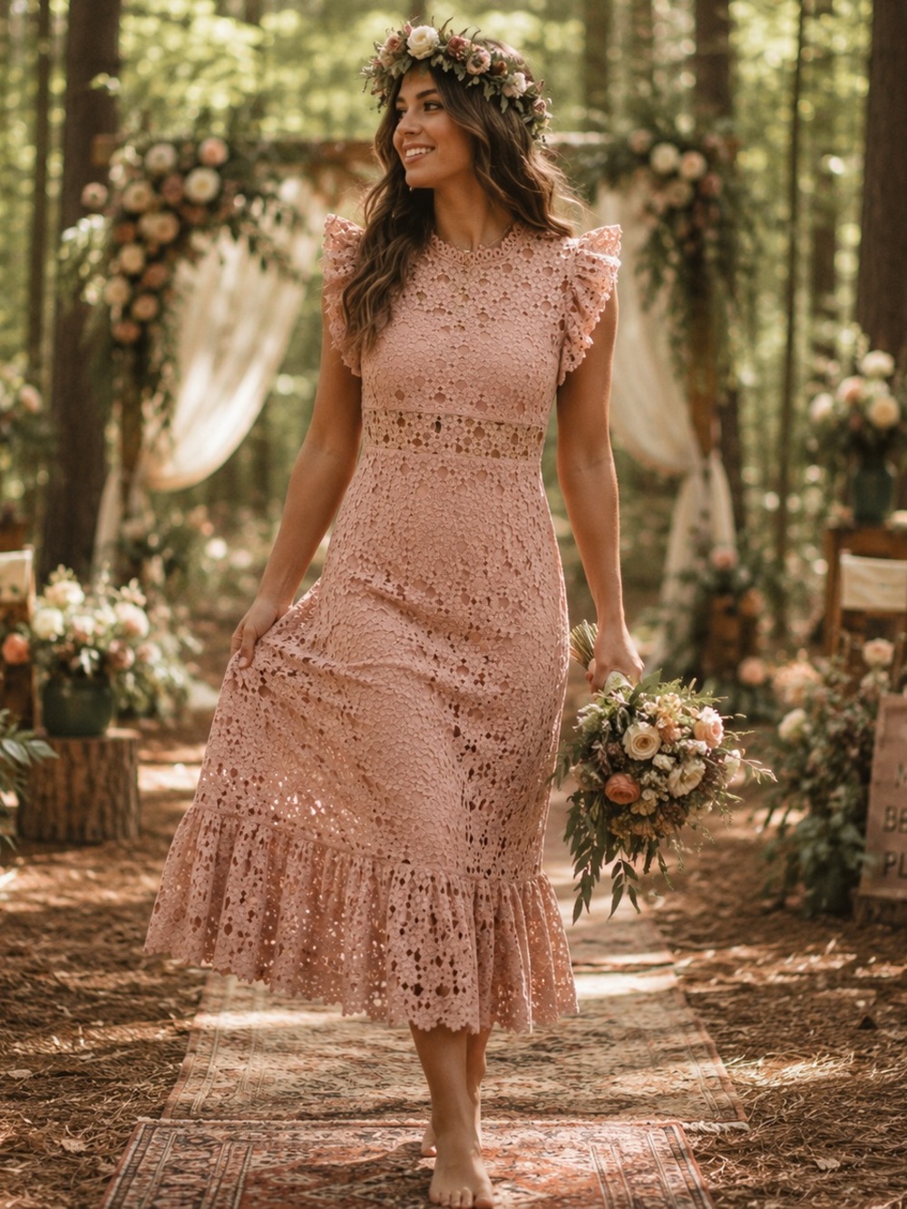 Just Me Blush Pink Crochet Lace Ruffle Midi Dress Large Fit